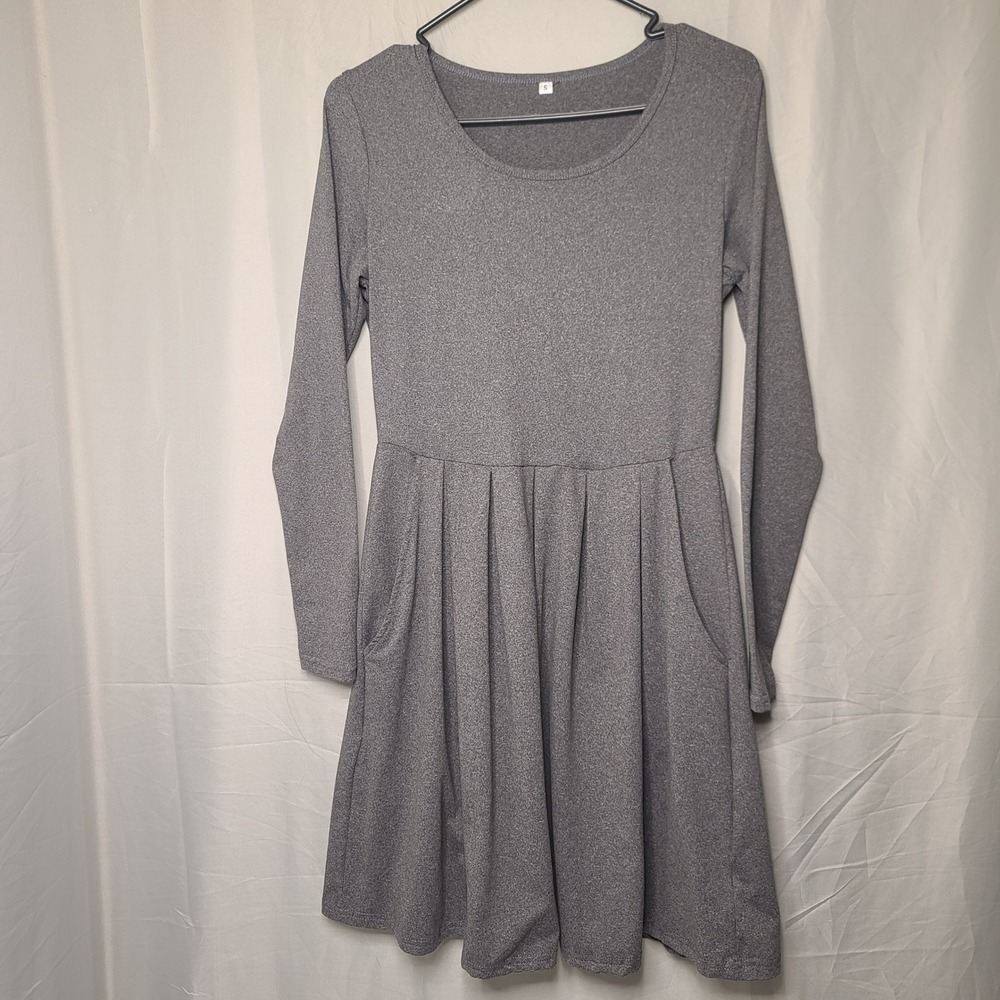 Long Sleeve Skater Dress Women Size S Gray Heathered Pleated Pocket Soft Girl